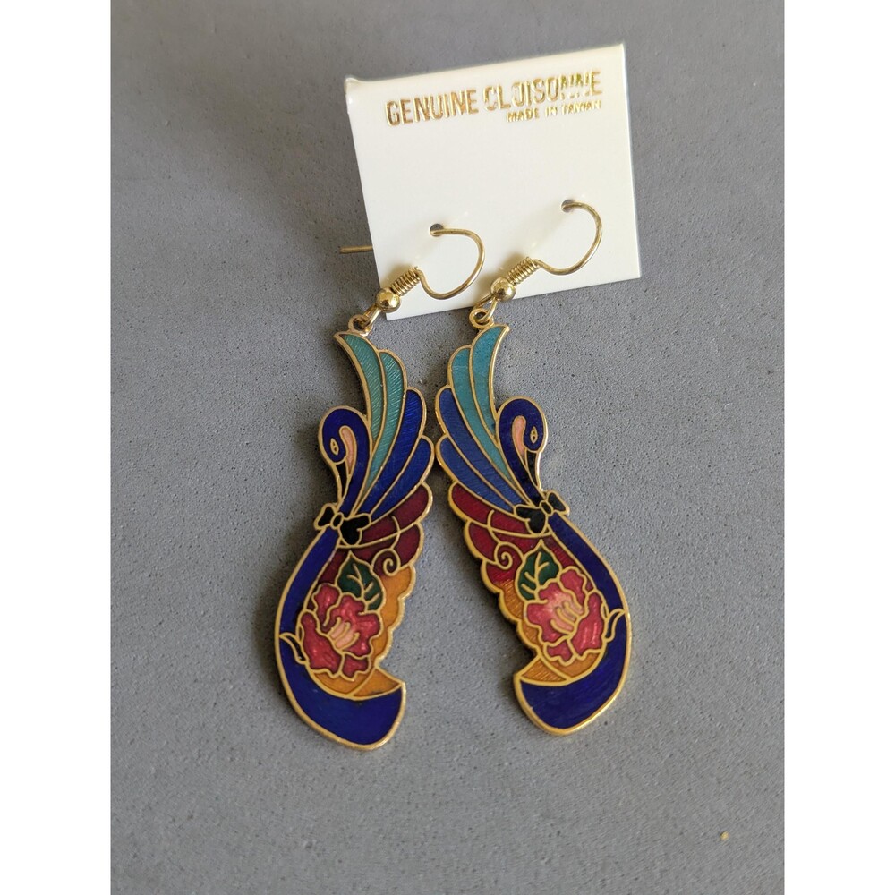 Vintage Genuine Taiwan Cloisonné Cobalt Blue Swan Earrings Enamel Dangles NOS